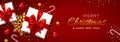 Christmas banner. Realistic white gift boxes with red bow, gold stars, shiny golden snowflake, balls and candy canes. Xmas red Royalty Free Stock Photo