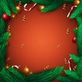 Christmas banner on red background with spruce tree branches, candies, stars. Vector illustration Royalty Free Stock Photo