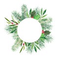 Christmas banner with round white space, firtree, holly and olive branch. Watercolor handdrawn illustration isolated on white.