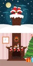 Christmas banner. Santa Claus climbing through the chimney.