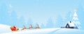 Christmas banner, Santa Claus on a sleigh carries gifts to the forest house, flat vector cartoon illustration. Postcard