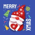 Christmas banner with Santa gnome. Winter holiday design for greeting card. Paper cutout hat, mustache and beard of