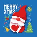 Christmas banner with Santa gnome. Winter holiday design for greeting card. Paper cutout hat, mustache and beard of