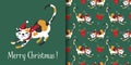 Christmas banner and seamless pattern of cute cat wear Santa hat and red scarf Royalty Free Stock Photo