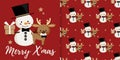 Christmas banner and seamless pattern of snowman and reindeer wear bow tie Royalty Free Stock Photo