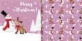 Christmas banner and seamless pattern of snowman and reindeer wear red scarf Royalty Free Stock Photo