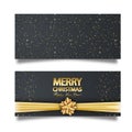 Christmas banner with shining gold snowflake, star and confetti. Merry Christmas card illustration on black background Royalty Free Stock Photo