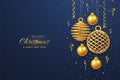 Christmas banner with shining hanging gold balls and with confetti on blue background. Greeting card with copyspace. New Year Royalty Free Stock Photo