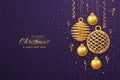 Christmas banner with shining hanging gold balls and with confetti on purple background. Greeting card with copyspace. New Year Royalty Free Stock Photo