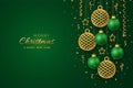 Christmas banner with shining hanging gold and blue balls golden stars and with confetti on green background. Greeting card with Royalty Free Stock Photo