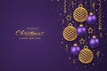 Christmas banner with shining hanging gold and blue balls golden stars and with confetti on purple background. Greeting card with Royalty Free Stock Photo