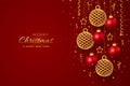 Christmas banner with shining hanging gold and red balls golden stars and with confetti on blue background. Greeting card with Royalty Free Stock Photo