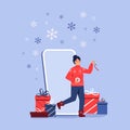 Christmas banner or social media banner with woman running out of the phone with ÃÂ¡hristmas balls and candy cane.