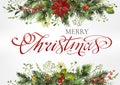 Christmas banner template with fir branches, poinsettia flower, holly berry and lettering inscription Merry Christmas. Postcard. Royalty Free Stock Photo