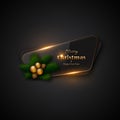 Christmas banner with transparent glass and glowing lights. Black background, decorative pine branches, gold balls, pine cones. M Royalty Free Stock Photo