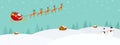 Christmas banner vector illustration, Santa Claus flying in sleigh with gifts and reindeer over winter white snow landscapes villa Royalty Free Stock Photo