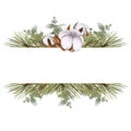 Christmas banner in watercolor. Greenery branches with cotton flowers, hand drawn illustration. Botanical background for Royalty Free Stock Photo