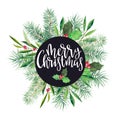 Christmas banner with wreath and text `Merry Christmas`, firtree and olive branch. Watercolor handdrawn illustration isolated.