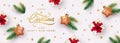 Christmas banner. Xmas background design with star shaped christmas toy, realistic gifts box, fir branch, glitter gold confetti Royalty Free Stock Photo