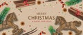 Christmas banner. Xmas design of realistic objects, candy, rocking horses, red cane, anise and cinnamon. Horizontal new