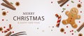 Christmas banner. Xmas design of realistic sweet edible objects, gingerbread man, red candy cane, star anise and