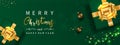 Christmas banner Xmas holiday background decorated with green gift boxes tied gold bow, balls, light , confetti on green. Royalty Free Stock Photo