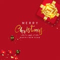 Christmas banner. Xmas holidays decorated gift box, Christmas balls, sparkling light and gold confetti isolated on red background. Royalty Free Stock Photo