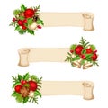 Christmas banners with red, silver and green balls, fir-tree branches, holly and cones.