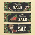 Christmas banners sale isolated on white. Hand-drawn symbols, sketch. Special Offer, up to 50