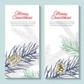 Christmas banners set. Hand drawn illustration flyers with pine cone, evergreen, fir tree. Greeting cards. Merry Christmas decorat Royalty Free Stock Photo