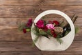 Christmas basket of flowers with champagne. New Year`s gifts Royalty Free Stock Photo