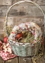 Christmas basket on wooden background Royalty Free Stock Photo
