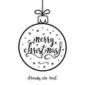 Monochrome christmas card with quote merry christmas and snowflakes inside bauble isolated black on white background.