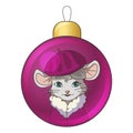 Christmas bauble with drawing cartoon mouse rat wearing a purple beret. Royalty Free Stock Photo