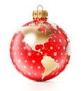 Christmas bauble with earth map isolated on white background. 3D rendering Royalty Free Stock Photo