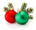 Christmas bauble red and green and fir tree branch isolated on white background Royalty Free Stock Photo