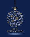 Christmas bauble vector. Snowflakes, hanger and German Christmas greetings. Blue background.