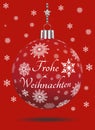 Christmas bauble vector with snowflakes, silver hanger and german Christmas greetings on red background. Text translation from ger