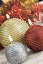 Christmas baubles on background of defocused lights Royalty Free Stock Photo