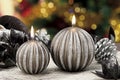 Christmas baubles on background of defocused lights Royalty Free Stock Photo