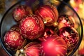 Christmas baubles or balls , close up, festive blurred background