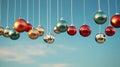 Christmas baubles on blue sky background. Abstract holiday banner Royalty Free Stock Photo