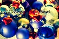 Christmas baubles colorful mess, background, merry x-max text