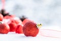 Christmas - Baubles Decorated, red xmas balls, Pine And Snowflakes In Snowing Background Royalty Free Stock Photo