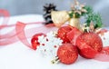 Christmas - Baubles Decorated, red xmas balls, Pine And Snowflakes In Snowing Background