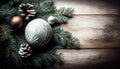 Christmas baubles and ferns on wood background. Generative Ai