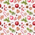 Christmas baubles, ginger bread cookies, christmas tree branches, red berries. Seamless pattern with congratulations