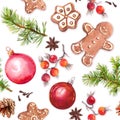 Christmas baubles, ginger bread cookies, christmas tree twigs species. Seamless pattern. Watercolor