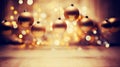 Christmas baubles, ornaments balls on warm glitter bokeh lights with copyspace. Banner composition