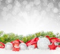 Christmas baubles and red ribbon with snow fir tree Royalty Free Stock Photo